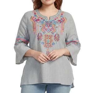 5238)Calesaa Plus Embroidery Stripe Multicolr Boho Peasant Bell Slv Tunic Top 3X